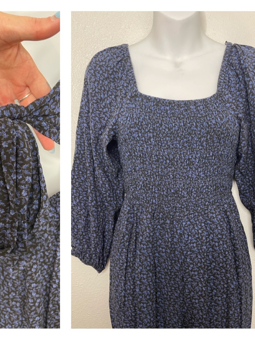 Madewell Navy Smocked Square-Neck Jumpsuit with Puff Sleeves